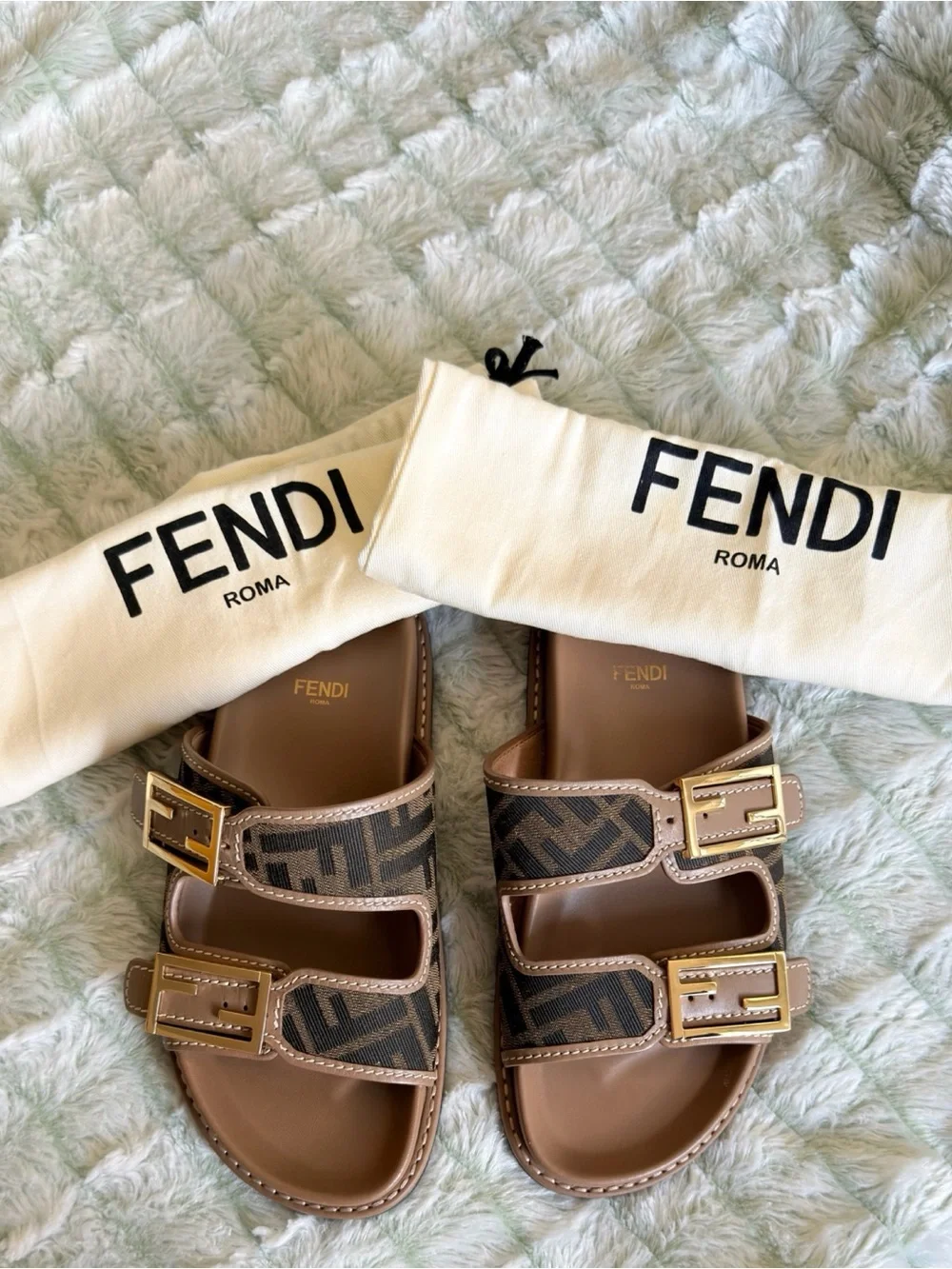 Fendi Women’s Brown FF Logo Double-Strap Sandals